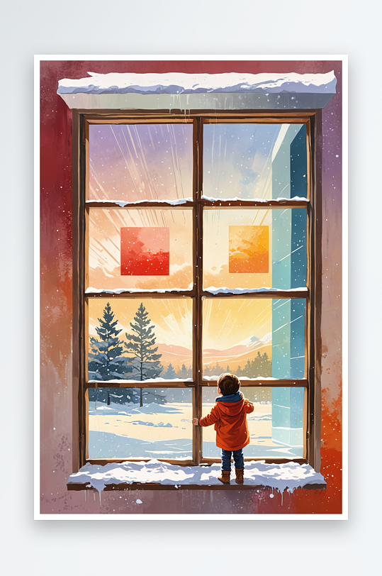 下雪天窗前的小孩插图