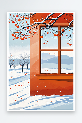 下雪的冬天柿子树插画背景
