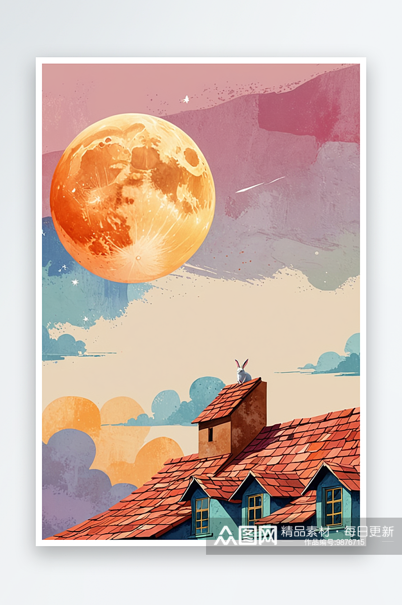 屋顶上的兔子仰望月亮插画素材