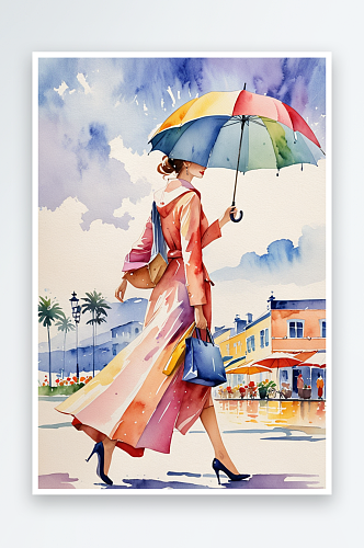 唯水彩手绘插画打着伞背着包逛街的女