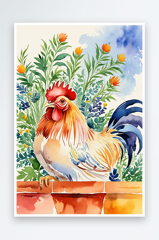 唯水彩手绘插画抱着花盆的公鸡