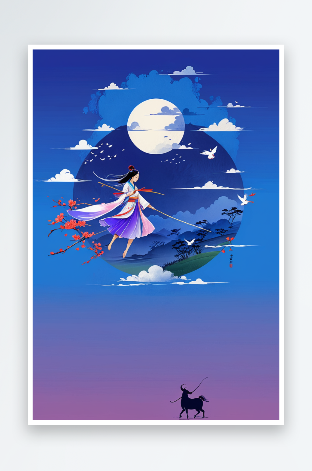 唯牛郎织女相会中风手绘插画素材
