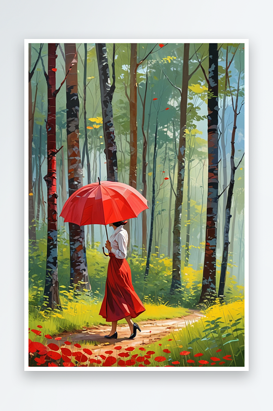 唯可爱的人物插画打着红伞的女子漫步林中