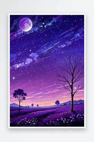 唯插画紫色夜空中的星星和草地