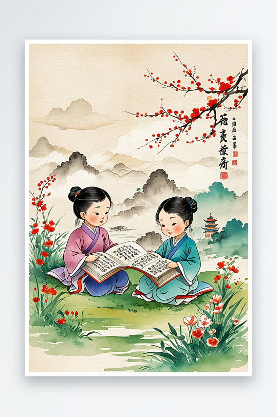 水墨風(fēng)兒童插畫學(xué)經(jīng)典孩童讀書