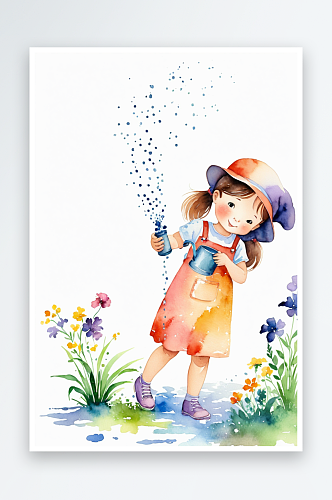 水彩手绘儿童插画浇花的小女孩