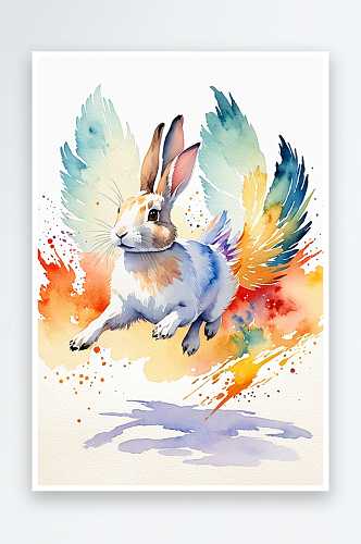 水彩儿童插画在纸牌上和火鸟一起奔跑的兔子