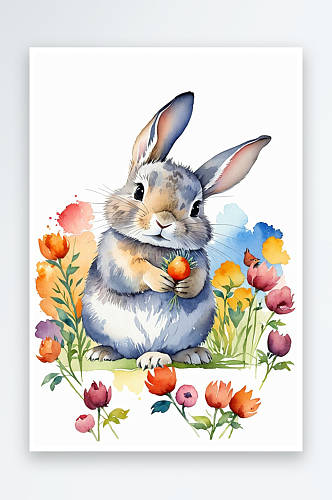 水彩插画小兔子和小鸟