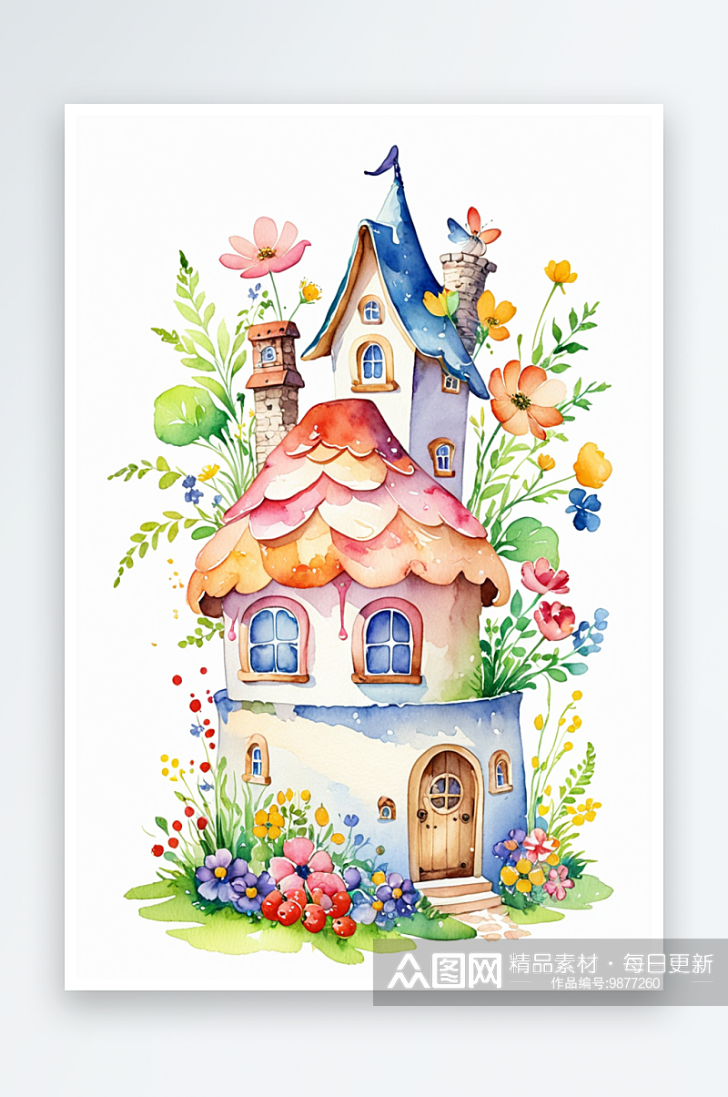 水彩插画童趣可爱的蛋糕花朵童话小房屋素材