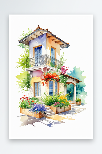 水彩插画风景建筑系列拐角处的花园洋房