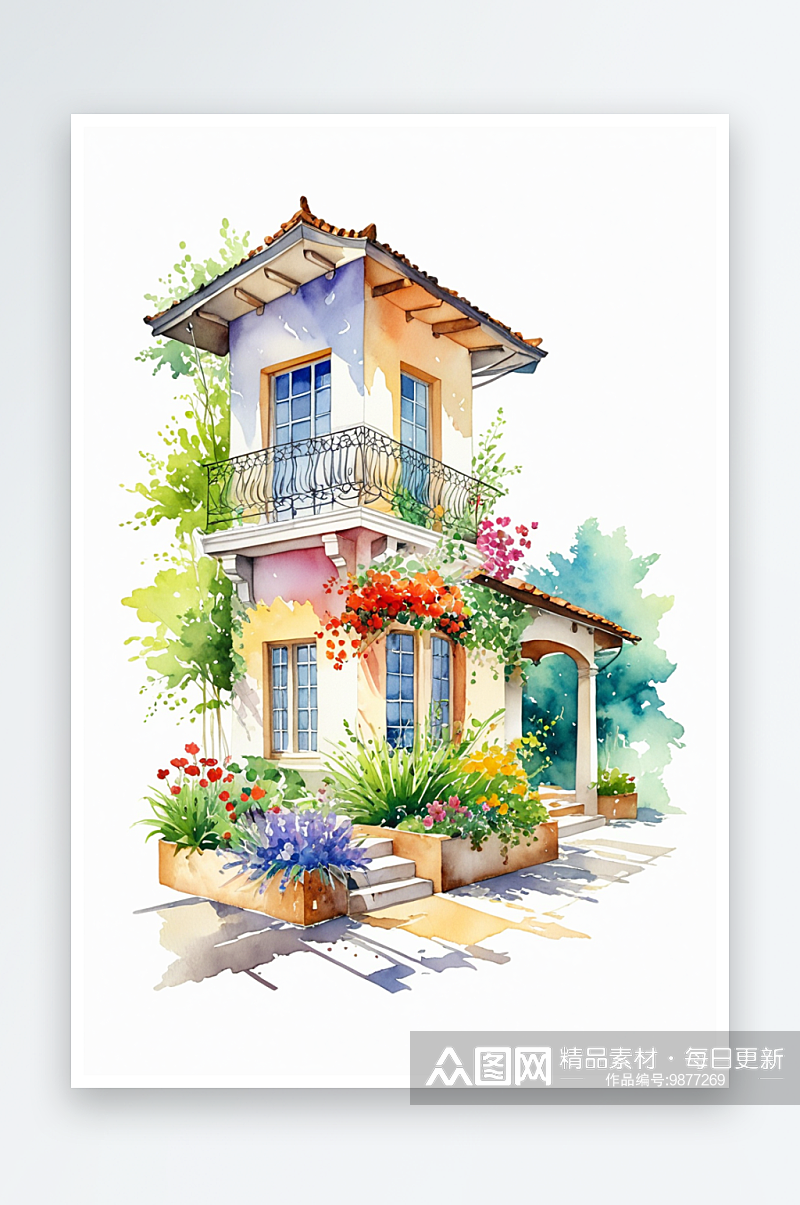 水彩插画风景建筑系列拐角处的花园洋房素材
