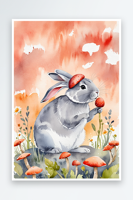 水彩插画抱着蘑菇的灰兔