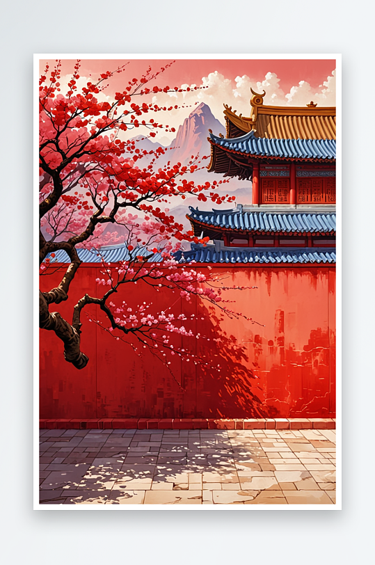 数字艺术中式建筑红墙琉璃瓦春季场景图书丛