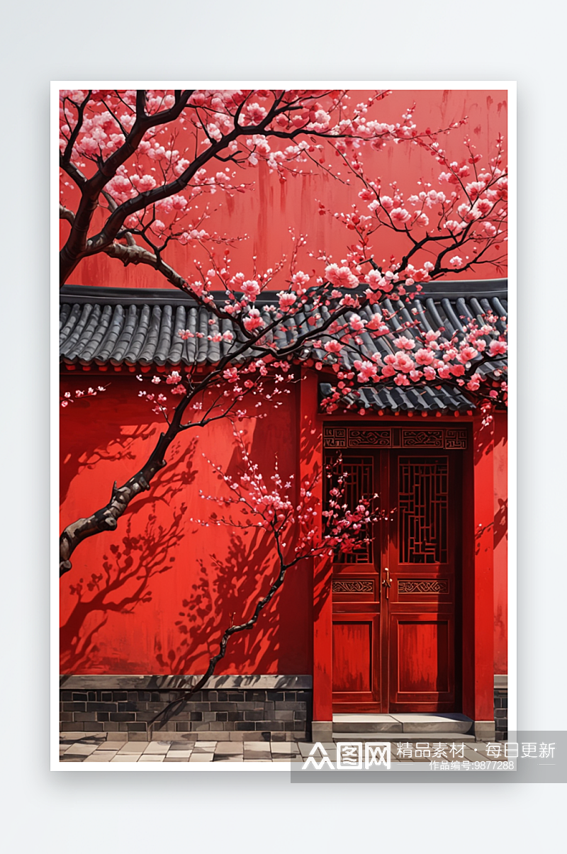 数字艺术中式建筑红墙黑瓦春季场景图书丛书素材