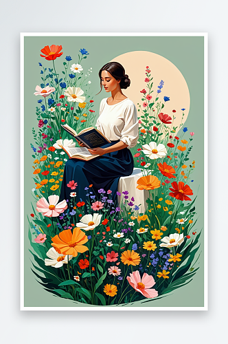 数字艺术在花丛中看书的女人