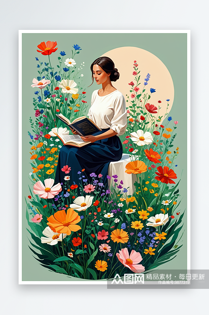 数字艺术在花丛中看书的女人素材