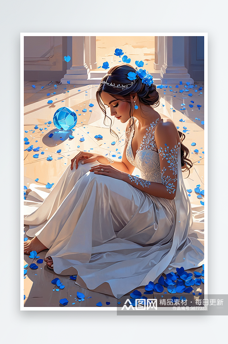 数字艺术一位女新娘坐在蓝色花瓣的地上抱着素材