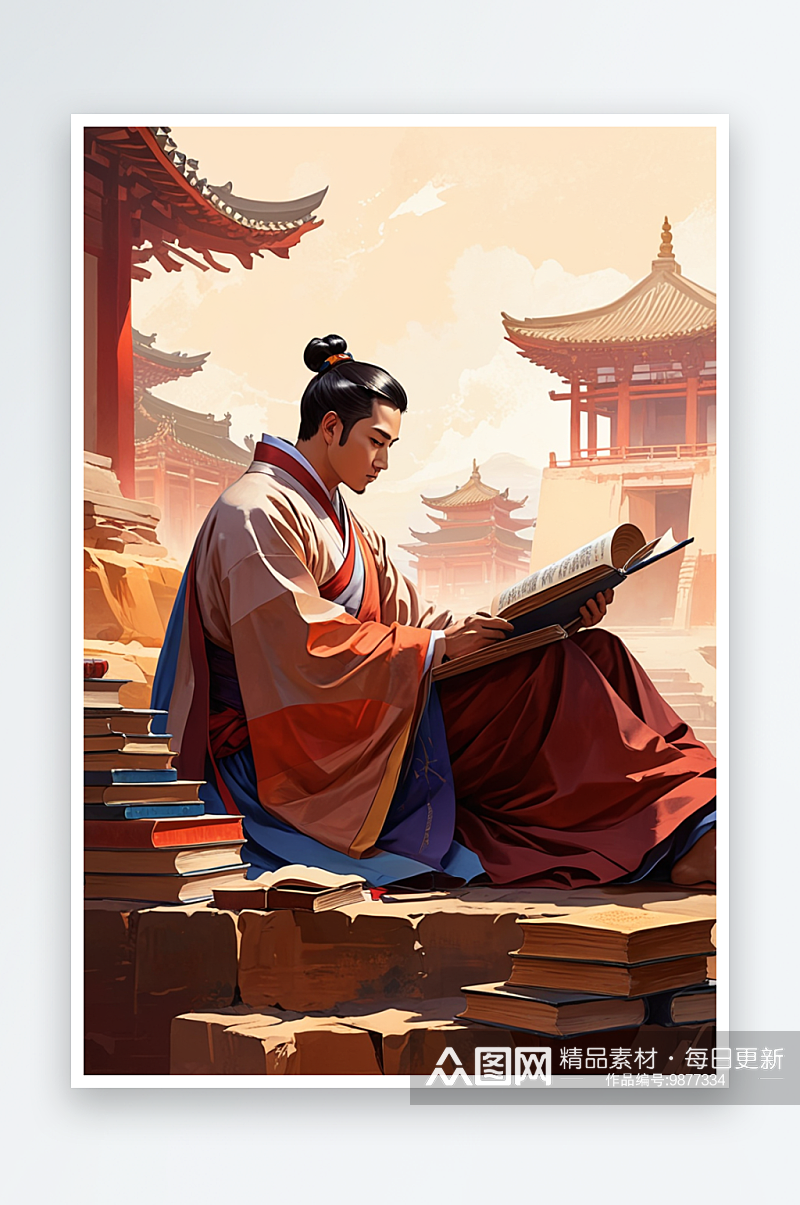 数字艺术一位男性穿着汉服坐在书堆旁看书古素材