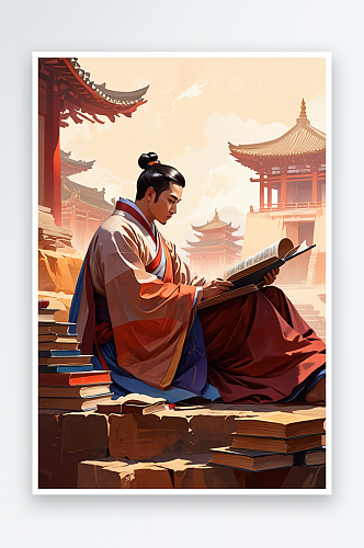 数字艺术一位男性穿着汉服坐在书堆旁看书古