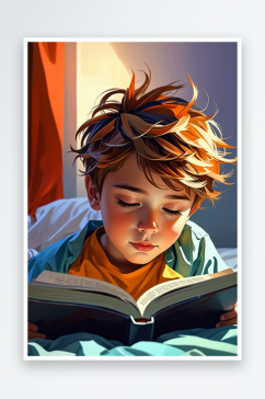 数字艺术一个男孩睡前趴在床上看书