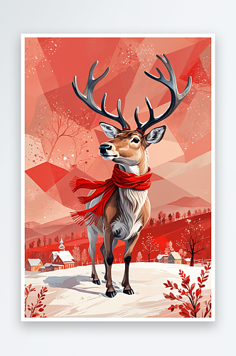 数字艺术驯鹿带着红围巾新年主题插画