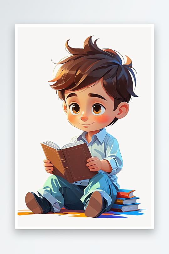 数字艺术渲染卡通人物小男孩在看书