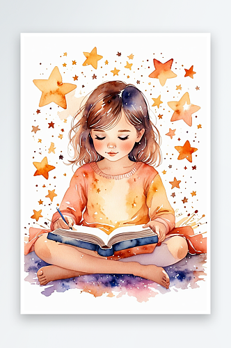 数字艺术星光下看书的小女孩水彩插画
