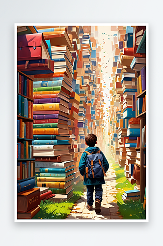 数字艺术小孩背着书包走在书籍搭建的书林中