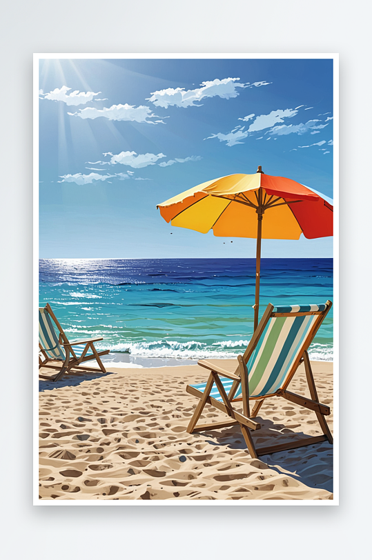 数字艺术夏季海边度假沙滩椅和遮阳伞