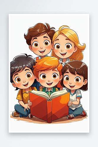 数字艺术五个小学生在看一本书插画卡通读书