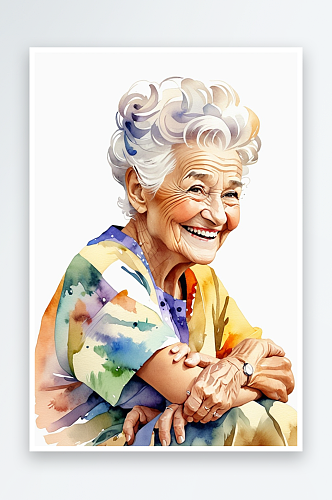 数字艺术水彩人物慈祥的老奶奶幸福微笑