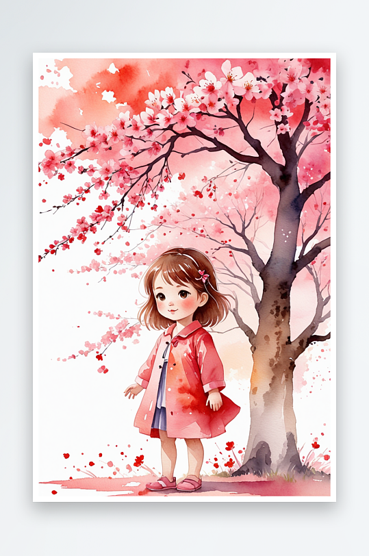 数字艺术水彩风樱花树下可爱的小女孩插画