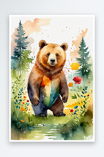 数字艺术水彩儿童插画可爱的小熊