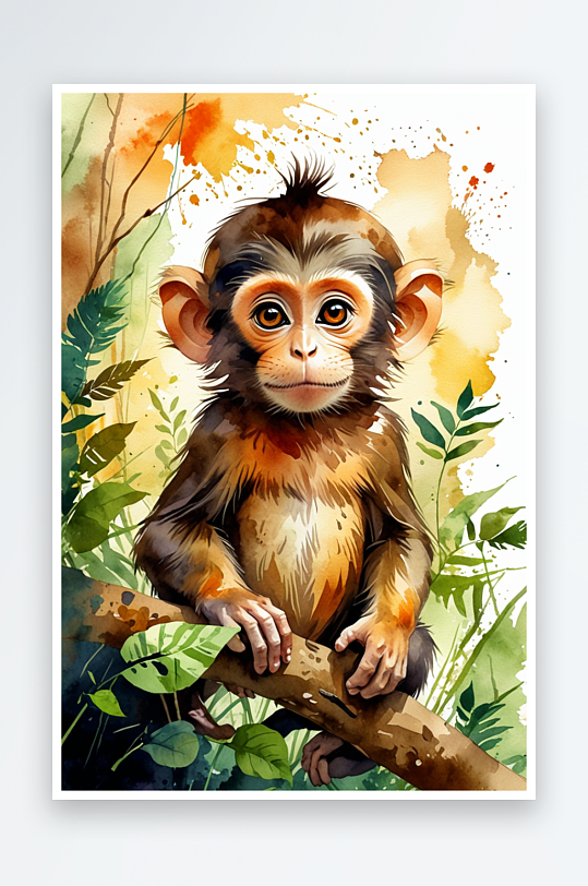数字艺术水彩动物插画森林里的小猴子