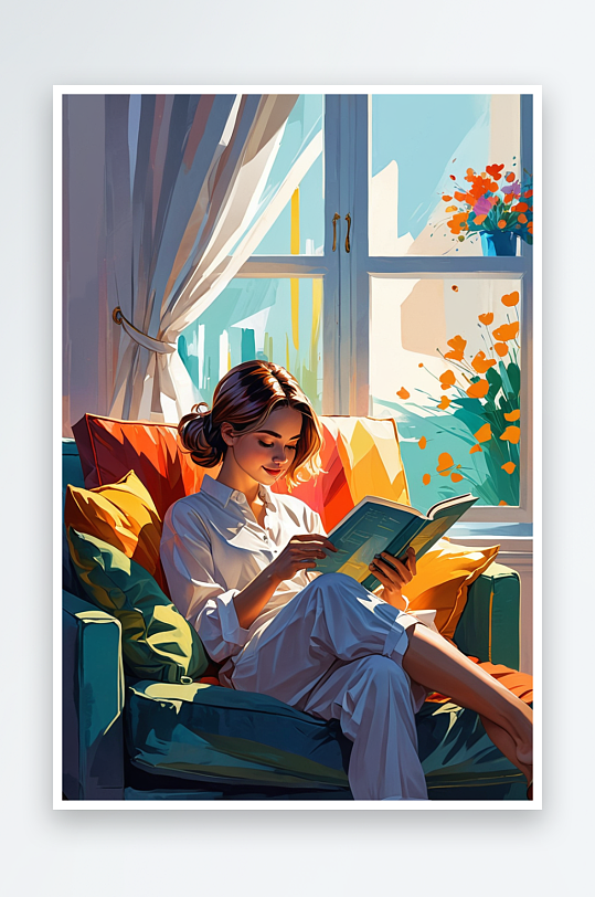 数字艺术女孩坐在沙发上阅读书本世界读书日