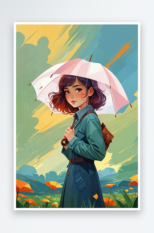 数字艺术拿着雨伞的女孩插画