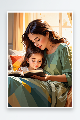 数字艺术母亲陪伴女儿在床边读绘本插画