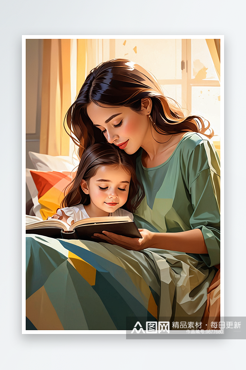 数字艺术母亲陪伴女儿在床边读绘本插画素材