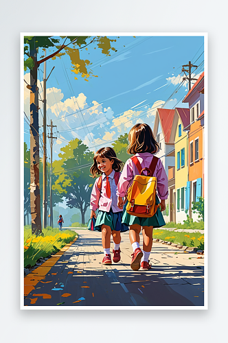 数字艺术两个背着书包的小女孩快乐的走在路