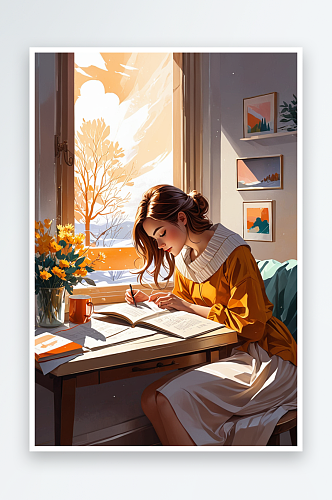 数字艺术立冬节气日历插画冬天窗边看书的女