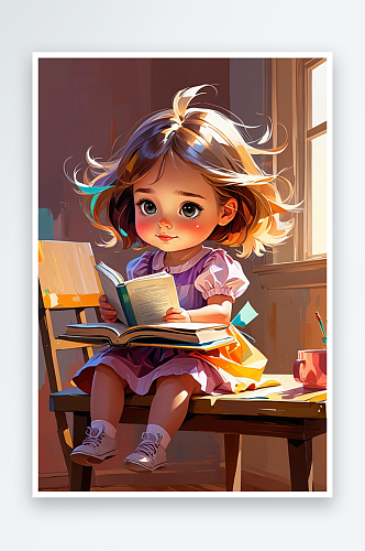 数字艺术可爱的小女孩坐在桌子上看书