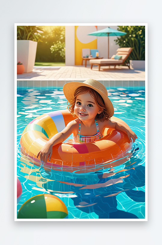 数字艺术可爱的小女孩在游泳池里玩耍插画竖