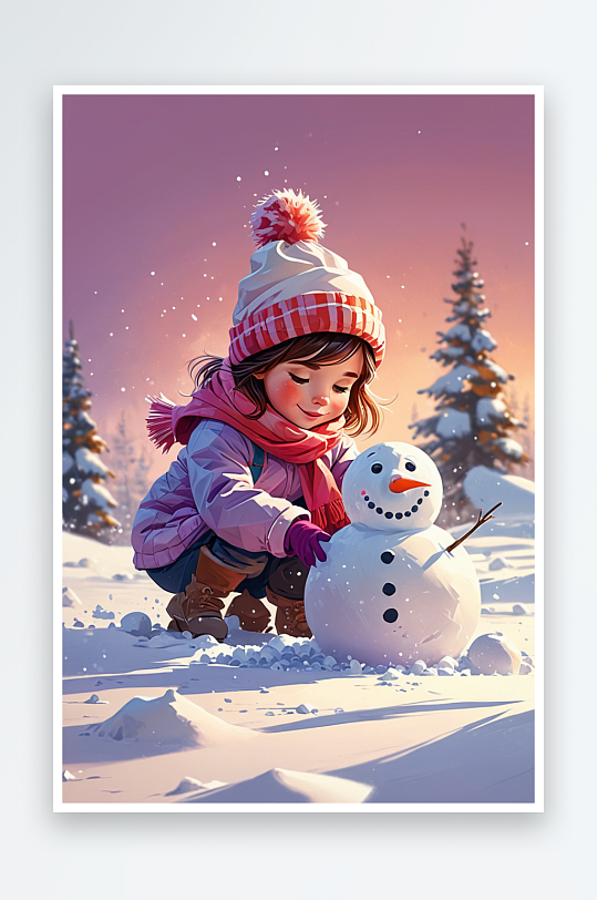 数字艺术可爱的小女孩在雪地里堆雪人插画