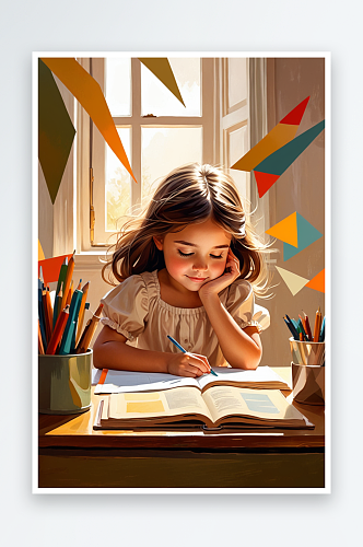 数字艺术可爱的小女孩在书桌前看书