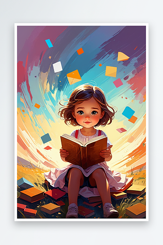 数字艺术可爱的小女孩在看书