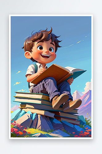 数字艺术可爱的小男孩在书山上快乐看书三维
