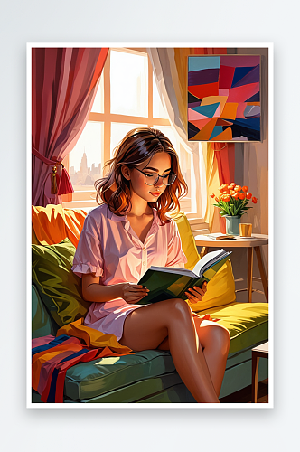 数字艺术可爱的女孩坐在沙发上看书
