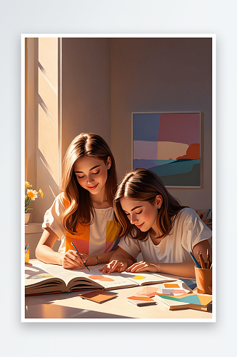 数字艺术可爱的姐妹俩在阳光下的书桌上读书
