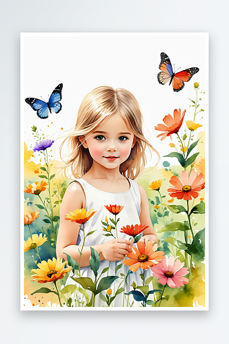 数字艺术花丛中的小女孩水彩画植物蝴蝶卡通