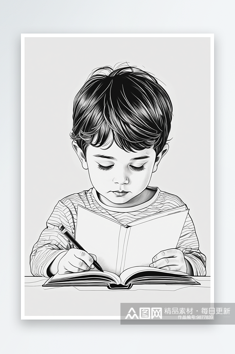 数字艺术黑白线稿插画读书的小男孩素材